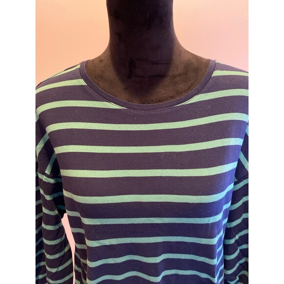 Chicos 100% Cotton Shirt Blouse Top Size 2 Navy & Green Stripes SOFT + Stretch - Picture 2 of 11
